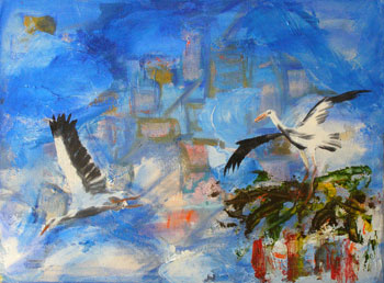 Storke. Maleri: Annette Pr�stegaard